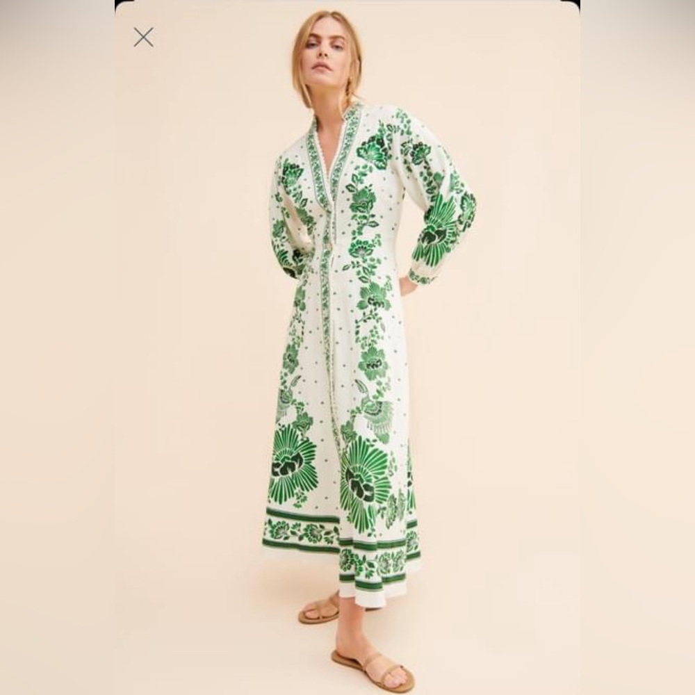 NWT FARM RIO Forest Soul Maxi Dress Off-White Cream Green Floral Duster